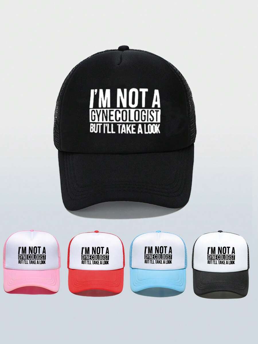 1顶卡通字母印花网眼卡车帽，适合日常佩戴、户外旅行、徒步、海滩、度假等场合。