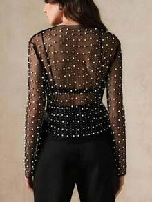 Women's Sheer, Sparkling Pearl And Rhinestone Embellished Top, Round Neck, Long Sleeves, Sheer Mesh Blouse, Suitable For Wedding Guests. - màu đen - Xem 4