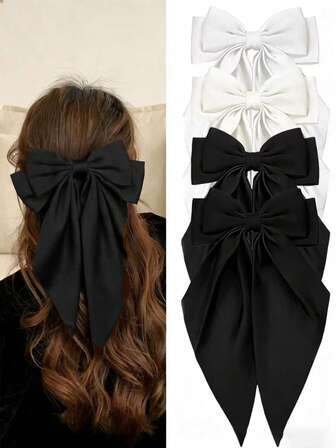 4/2件装女士发夹，黑色蝴蝶结白色蝴蝶结发夹，缎面蝴蝶结发夹，长尾蝴蝶结发夹，派对发饰，女士圣诞节/情人节/感恩节礼物