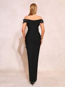 New Heavy Industry Women's Sexy Pink Off Shoulder Sleeves Single Neck Luxury Pearl 3D Flower Decoration Wedding Bridesmaid Dress Tight Wrapped Long Dress Women's Formal Banquet Party Dress - Black - View 9