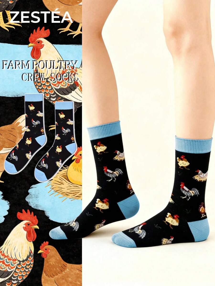 1 Đôi tất cổ cao nữ họa tiết gà sống động (có hình gà trống, gà mái, gà con và tổ gà, đế đen với cổ/đế màu xanh nhạt) Chất liệu thấm hút mồ hôi và khử mùi, mềm mại, thoải mái, sống động, mang phong cách đồng quê và thời trang, thích hợp làm quà tặng đáng yêu cho mẹ, con gái, bà, vợ, bạn gái. - Nhiều màu - Xem 1