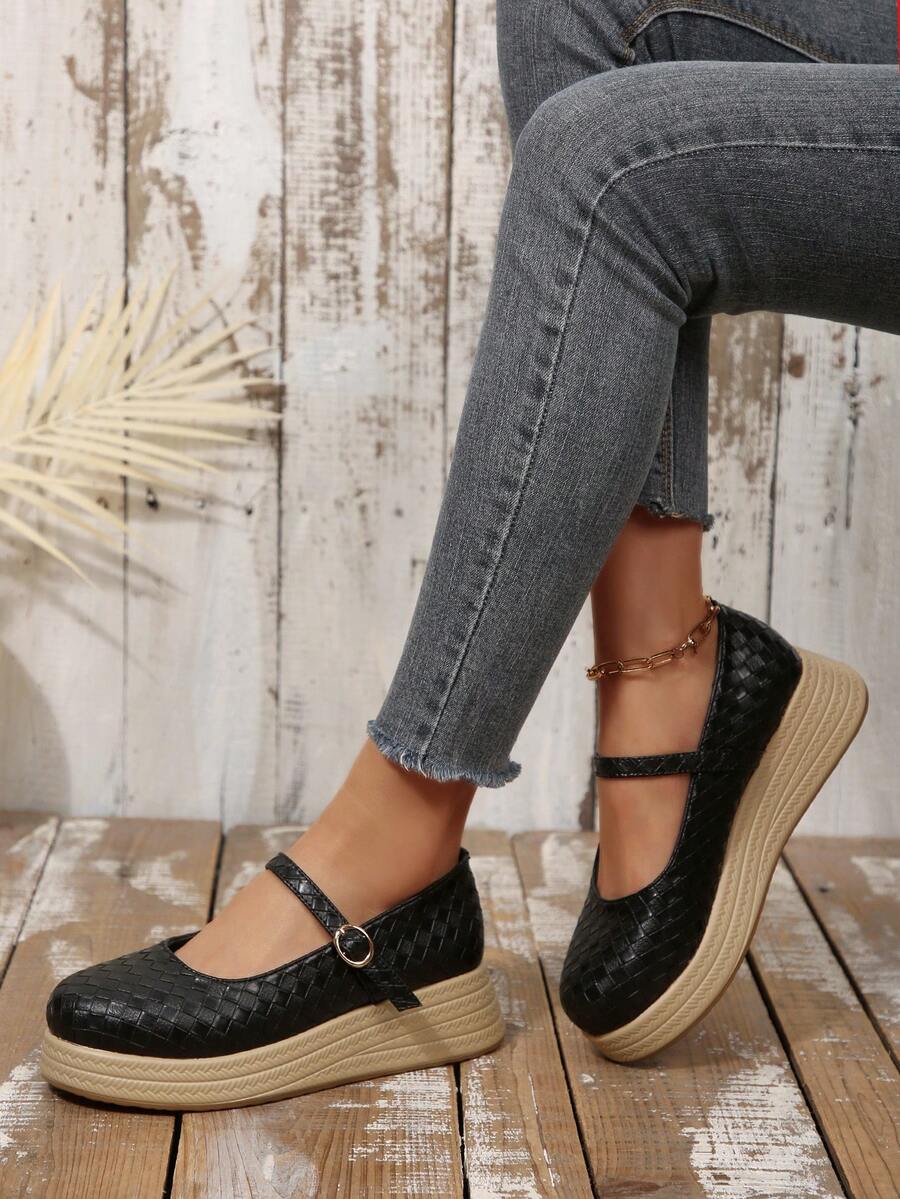 Neue Mode im Frühling, vielseitige Plateau-Keilschuhe, elegante Riemen, flache Lässig Slip-On - Schwarz - Übersicht 1