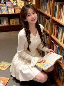 [Y6Y] Spring New French Romantic Bowknot Long Sleeve Knitted Pleated Mini Dress For Women - White - View 1