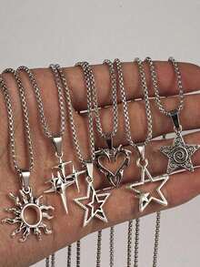 Bộ 6 chiếc/Bộ dây chuyền thép không gỉ hình ngôi sao, ngọn lửa, mặt trời, trái tim Gothic Punk cổ điển dành cho nam, bao gồm 6 dây chuyền mặt thánh giá Baroque Châu Âu hỗn hợp, thích hợp cho Giáng sinh, Năm mới, Ngày lễ tình nhân và các ngày lễ khác - Bạc - Xem 8