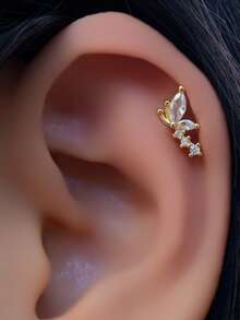 1 pieza Pendiente de 18K, Pendiente de cartílago de mariposa de acero inoxidable lindo, Pendiente pequeño de forma única de ojo de caballo plano, Adecuado para mujeres, Se puede usar en el borde de la oreja, concha de la oreja, nariz, 16G 8mm - Un par de pendientes de circonita de fondo plano - Ver 4