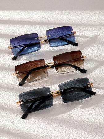 3副/套 男士经典方形金属无框Y2K蓝双色时尚眼镜