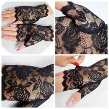 Black/White Flower Lace Gloves, Short Thin Breathable Fingerless Gloves, Summer Sunscreen Driving Gloves For Women - 黑色 - 查看 6