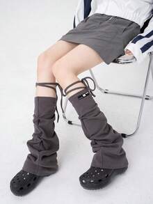 polve 1 Pair Solid Color Non-Woven Fabric Lace-Up Leg Warmers, Y2K Japanese Style, Slim Fit, Available In Dark Gray, White, Light Gray, Khaki, Black, Drawstring Binding Design, Flared Leg Warmers