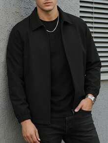 Men's Casual Solid Color Coach Jacket, Fashionable Versatile Collared Lightweight Jacket For Autumn - Black - View 2