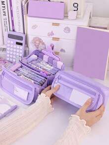 大容量多功能铅笔盒，带桌面收纳隔层，采用耐用涤纶材质，男女学生办公用品收纳盒，便携式学习桌面收纳盒，多隔层设计，可存放钢笔和马克笔，是开学的理想礼物，1 个水豚铅笔盒 - 彩色 - 查看 5