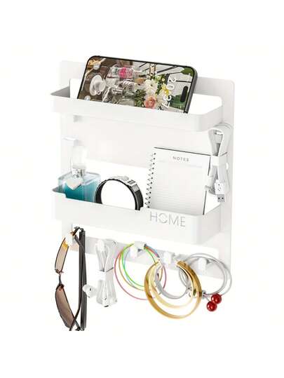 Versatile Adhesive Wall Mounted Storage Rack, Black And White, No Drilling Required, Cute Room Decor, Girls Room Cool Storage Organizer, Suitable For Christmas, Room And Living Room Decoration, New Year Home Decor