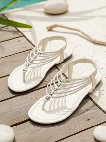 1 Pair White Lightweight & Comfortable Casual Slides For Big Kids & Teens, Retro Fashion White Solid Color Criss-Cross Design With Metal Bead Decor, Slip-On Backstrap, Flexible Rubber Thick Sole, Suitable For Any Outfit, Daily Wear, Outing, Party, Beach For Girls, Spring/Summer New Arrival - Beige - View 1