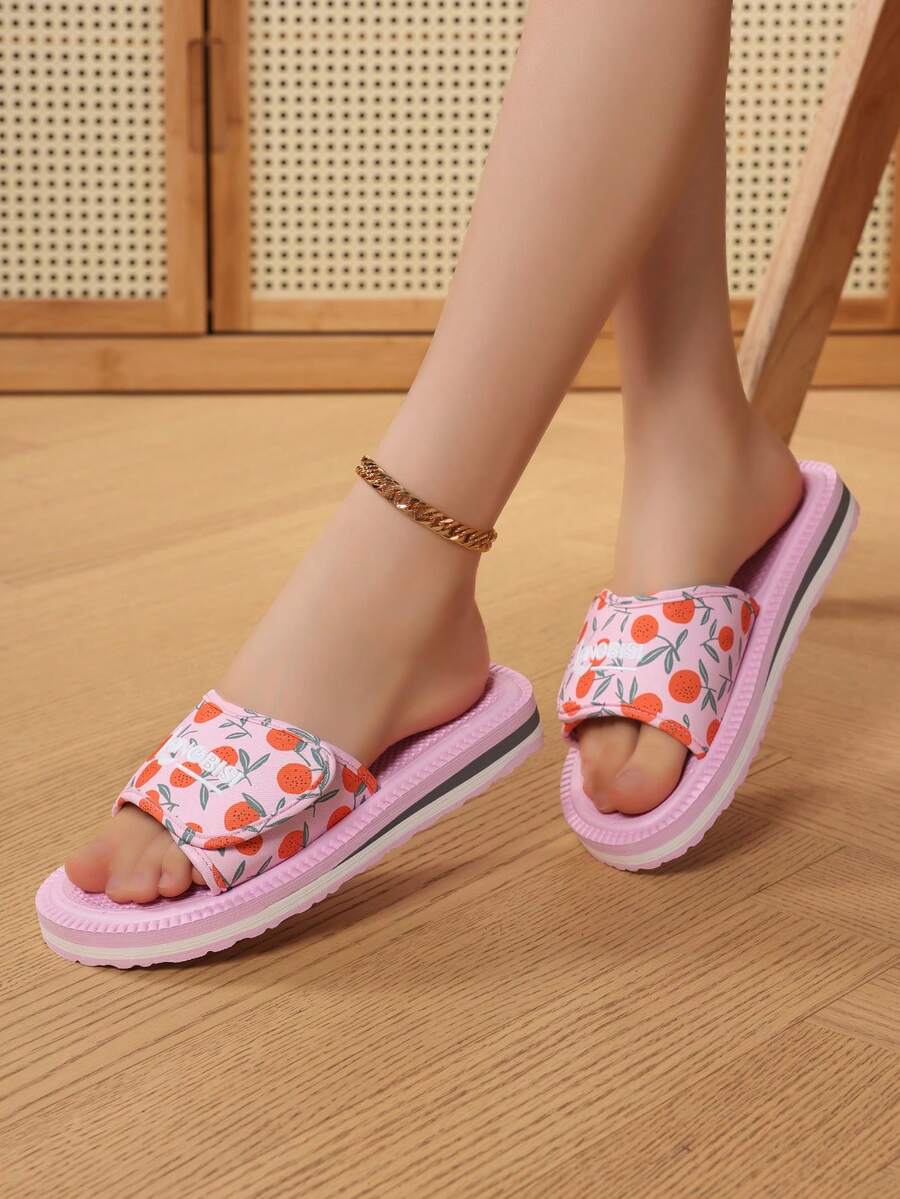 Women's Adjustable Strap Sandals, Outdoor Beach Slippers, Lightweight Flat Slide Sandals, Fashion Printed Slippers - Pink - View 1