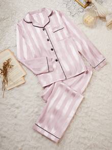 2PCS Teen Girl Satin Pajama Sets Pj Set Cute Bear Print Long Sleeve Button Down Shirt With Long Pants