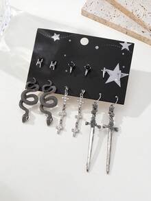 6 Pairs Gothic Cross, Sunflower, Pentagram, Crescent Moon, Raven, Pentagram, Skull Fashionable Earring Set - Multicolor - View 8