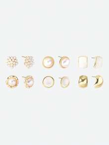 Opalesca Set de 6 piezas de aretes de perla con diseño de ojo de gato con superficie lisa de estilo retro de Hong Kong y aretes de botón para mujeres - Traje estilo C - Ver 3
