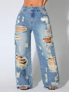 Low Waist Wide Leg Casual Blue Distressed Slant Pocket Curved Hem Women Jeans Spring - Baby Blue - View 5