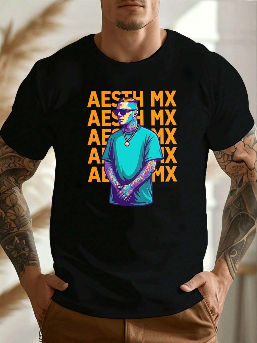 T-shirt streetwear grafica estetica per l'autunno, 100% cotone, girocollo, vestibilità comoda, comoda, street hip-hop - nero - Visualizzare 1