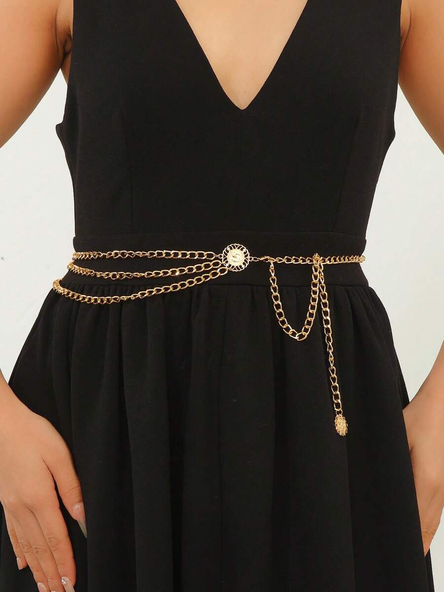 1pc Fashionable Zinc Alloy Lion Detail Round Decor Layered Waist Chain For Women For Daily Decoration