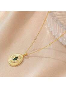 1条复古不锈钢链项链，配不对称纹理立方氧化锆和椭圆形祖母绿吊坠，时尚百搭，适合女性、情侣、休闲、派对、节日佩戴（OPP袋包装） - 金黃色 - 查看 3