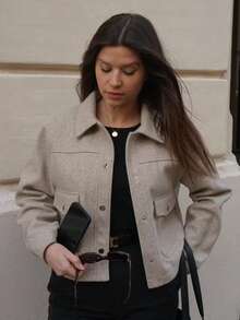 TRAFZA Women's Autumn Jacket, Fashion 3D Front Pocket Button Long Sleeve Coat, Elegant Women's Casual Jacket - Apricot - View 2