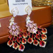 1 Pair Vintage Luxurious Red Rhombus  Hollow Pendant Earrings Creative Fashion Light Luxury Gorgeous Temperament Copper Plated High-End Feel Women's Earrings Suitable For Women's Parties Banquets Festivals - 紅色 - 查看 2