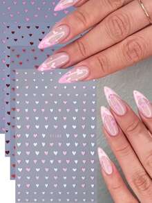 4张情人节主题美甲贴纸，白色、粉色、酒红色和闪光红色爱心图案，轻松DIY美甲装饰，女士及女孩美甲配件 - 彩色 - 查看 2