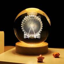 1个USB供电3D水晶球LED夜灯,带木质底座,家居及房间装饰夜灯,太阳系、月亮、星系、土星图案3D夜灯,室内桌面装饰灯,情人节及生日礼物,送给朋友和同学 - 黃色 - 查看 20