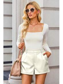 Leather Shorts For Women High Waisted Pleated Wide Leg Stretchy Shorts With Pockets PU Leather Pants - Màu nâu Sô-cô-la - Xem 8