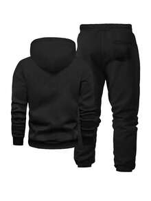 Men's Casual Number 23 Print Kangaroo Pocket Drawstring Hoodie And Pants Set, Autumn/Winter - Black - View 2