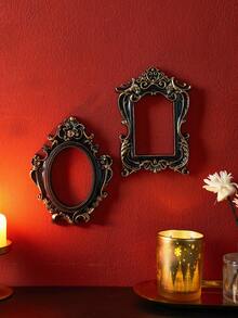 1pc European Style Resin 3D Floral Pattern Black Gold Edged Decorative Photo Frame, DIY Wall Decor, Multiple Styles Available, Suitable For Photography Props, Miniature House Decor, Holiday Atmosphere Decoration - Black - View 8