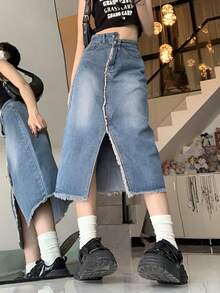 High Waist Asymmetrical Slit Denim Skirt, Slimming Frayed Hem Long Skirt For Women - Blue - View 5