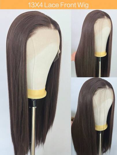 13x4 24 Inch Brown Straight Lace Front Wig, Suitable For Women - Heat Resistant Synthetic Hair, Pre-Plucked Natural Hairline And Baby Hair, Great For Everyday Wear, Weddings, Halloween And Christmas