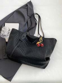 Women's Multifunctional Solid Color Woven Pattern PU Leather Handbag, Minimalist Large Capacity Top Handle Shoulder Bag, Casual Lightweight Commuter Tote Bag, Suitable For Daily Office, Fashionable Waterproof Square Outdoor Travel Shopping Crossbody Bag - Black - View 9