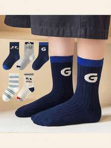 5双装儿童可爱小狗图案运动袜，简约设计，适合户外活动，透气舒适，适合学生，春夏款 - 藏蓝色 - 查看 6