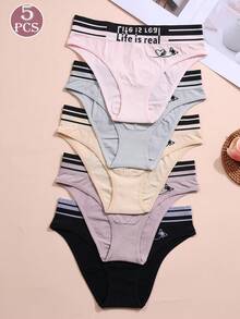 5 piezas de bragas minimalistas y cómodas con bordado de letras para mujer - Multicolor - Ver 3