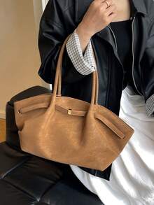 Dedoo 1pc FEISTURE Faux Suede Tote Bag, Large Capacity Solid Color Mature Elegant Women Handbag, Vintage Style Work Bag Suitable For Girls, Ladies, College Students, Office Workers, Newest Fashionable Suede Bag For Women, New Fall Fashion 2025 For Women - Brown - View 10