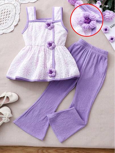 女童吊带背心裤套装，手工花卉装饰时尚修身吊带背心+松紧腰喇叭裤，休闲两件套