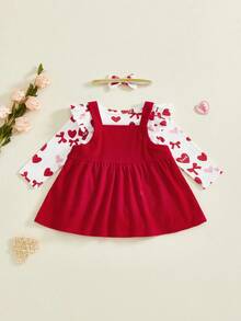 Valentine's Day Baby Girls 3 Piece Outfit Long Sleeve O Neck Bow Heart Print Jumpsuit And Headband Dress Set - 紅色 - 查看 7