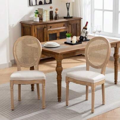 French-Style Dining Chairs, Solid Wood Frame, Linen Upholstery And Rattan Backrest, Set Of 2, Cream And Beige, DE1843BG
