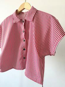 ELLIE Casual Striped Printed Loose Cropped Shirt - 紅色條紋 - 查看 4