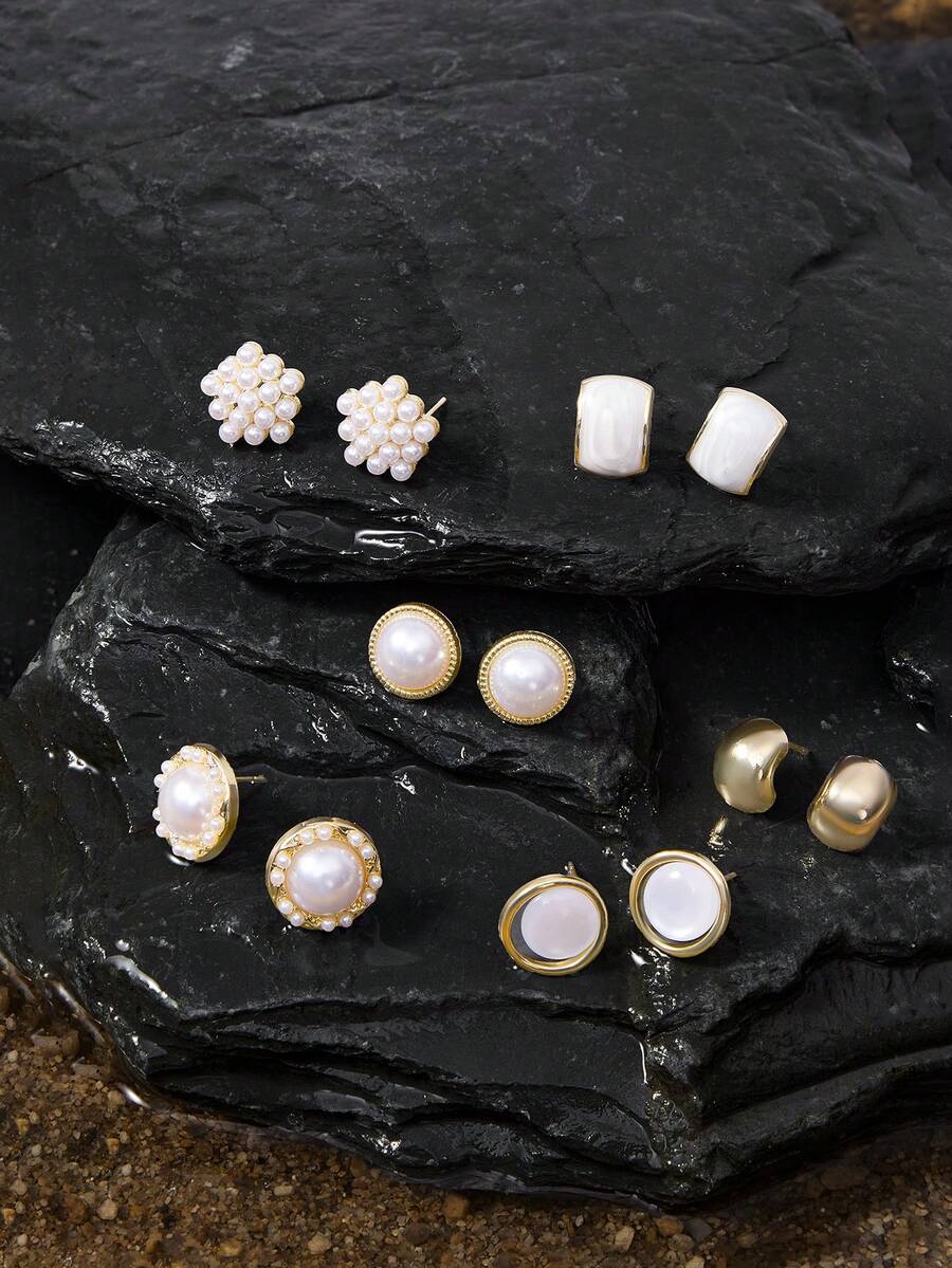 Opalesca Set de 6 piezas de aretes de perla con diseño de ojo de gato con superficie lisa de estilo retro de Hong Kong y aretes de botón para mujeres - Traje estilo C - Ver 1