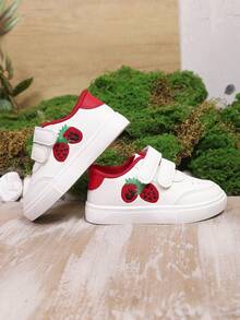 1 Pair Kids Strawberry Embroidered Synthetic Leather Anti-Slip Low-Top Casual Sneakers With Dual , Flat Heel, Sweet & Cute Style, Suitable For Daily Wear, Kindergarten, Spring - White - View 2