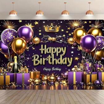 1 lyxig lila och guldfärgad födelsedagsbakgrundsdekorationsbanderoll - ballong-, stjärn- och kronmönster, lämplig för bröllop, examen, födelsedagar, fester och andra väggdekorationer inomhus och utomhus, festuppsättning, fotobakgrund, viktig för evenemangsplanering