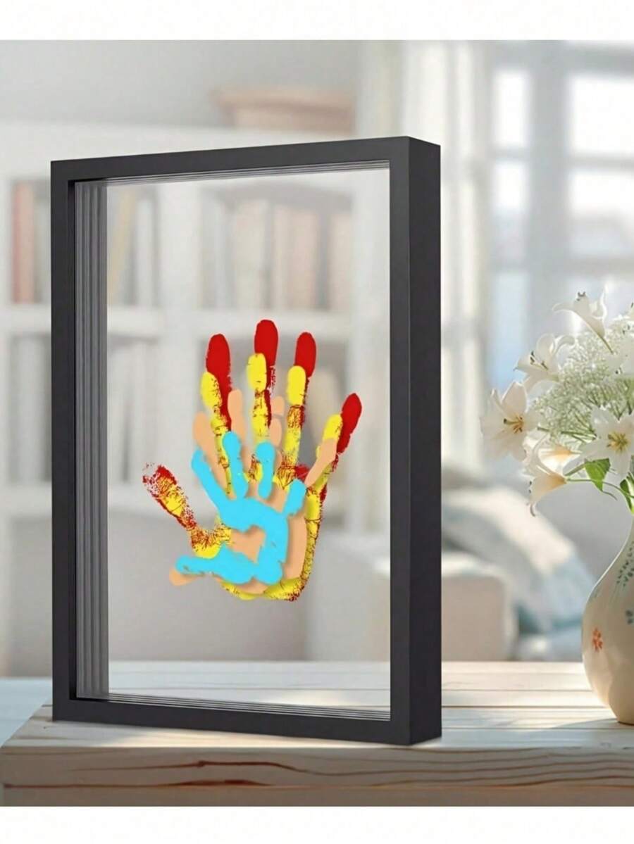 Family Handprint Set - Black And White Wooden Frame - Family Gift - Parents' Gift, Fun Mom Gift, Black Frame Includes 4 Handprint Slots And 6 Color Paint Set, Classic Style Displaying Memorable Home Decor Keepsake, Memory Preservation, Sentimental Keepsake, Timeless Design, Highquality Wood, Construction, Keepsake Display, New Parents, Family Keepsake - Family Handprint Photo Frame - View 1