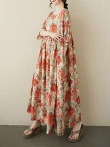 AZAH 2026新款波西米亚风大码女士夏季长裙，大码碎花长裙，圆领蝙蝠袖A字飘逸连衣裙，带口袋，无弹梭织面料，休闲大码女士沙滩长裙，中年妈妈休闲优雅度假连衣裙 - 亮橙色 - 查看 5