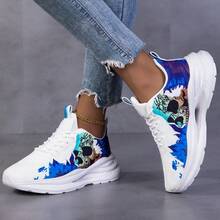 New Skull & Lightning Mesh Breathable Casual Sneakers, Unisex Shock-Absorbing Personalized Sports Shoes For Spring/Summer - White - View 4