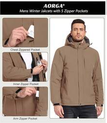 Men's Ski Jacket Winter Waterproof Snow Jacket Wool Lined Warm Heavy Parka With Hood - màu nâu - Xem 5