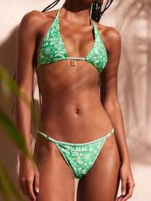 Bộ 2 bộ đồ bơi bikini hở lưng gợi cảm họa tiết hình học thanh lịch dành cho nữ, kỳ nghỉ ở bãi biển - màu xanh lá - Xem 1