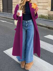 Women's Long Sleeve Solid Color Coat, With Pockets And Double-Breasted Design, Country Style, Winter - Hot Pink - View 2